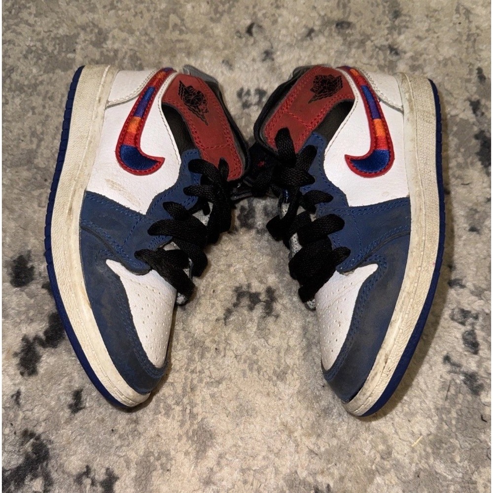 Nike Jordan 1 Mid SE Shoes Youth Boys Sz 11 C White Blue Red Black Plaid